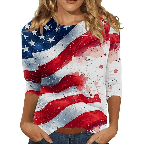 Wiueurtly Independence Day Elbow Sleeve Tops Women 3/4 Length Womens 4th of July Shirts Casual Crewneck USA Flag And Stripes Patriotic T Patriotic Crew Neck T Shirts Blue