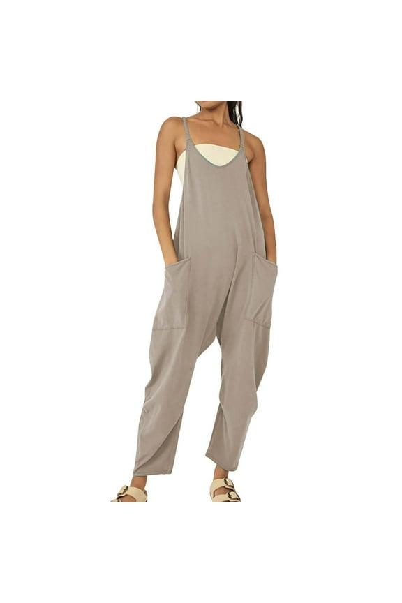 Jumpsuits for Women's Casual Sleeveless V Neck Spaghetti Strap Overalls Long Pants Romper With Two Pockets Women's Pants Beige