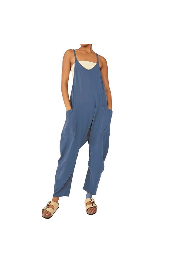 Jumpsuits for Women's Casual Sleeveless V Neck Spaghetti Strap Overalls Long Pants Romper With Two Pockets Women's Pants Dark Blue