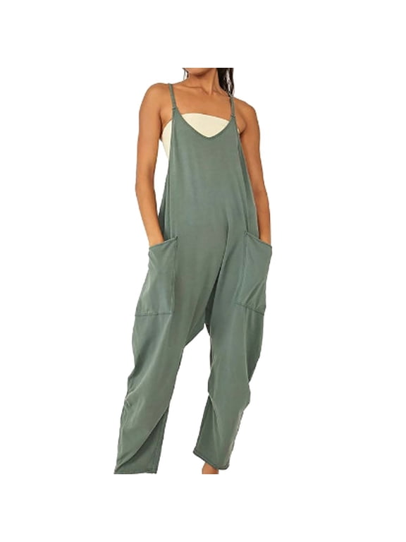 Jumpsuits for Women's Casual Sleeveless V Neck Spaghetti Strap Overalls Long Pants Romper With Two Pockets Women's Pants Dark Green