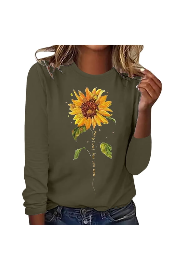 Long Sleeve Shirts for Women's Sunflower Graphic T Shirt Crewneck Pullover Tops Cute Casual Cotton Tee Loose Blouses Graphic Tops Army Green