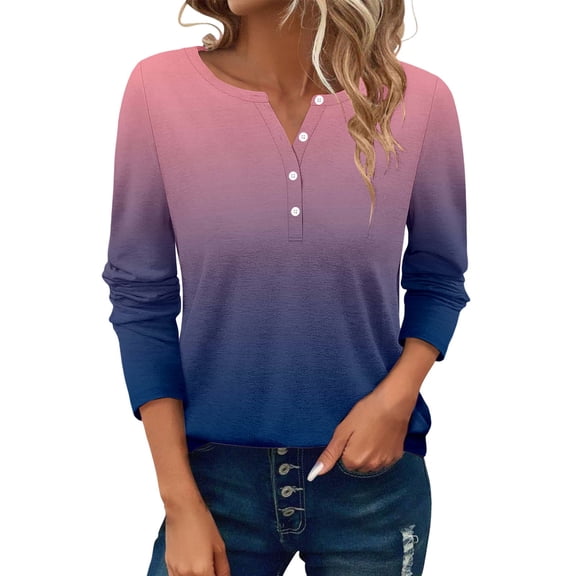 Wiueurtly Long Sleeve Shirts for Women Button T Shirt Round Neck Casual Tunic Top T Shirts Purple
