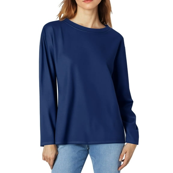 Wiueurtly Long Sleeve Shirts for Women Casual Crew Neck Tops Fall Fashion 2024 Fitted Basic Tee Tunic Pullover Womens Tops Dark Blue