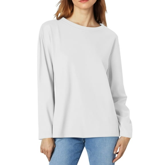 Wiueurtly Long Sleeve Shirts for Women Casual Crew Neck Tops Fall Fashion 2024 Fitted Basic Tee Tunic Pullover Womens Tops White