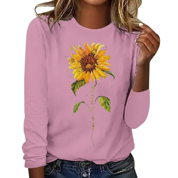 Wiueurtly Long Sleeve Shirts for Women's Sunflower Graphic T Shirt Crewneck Pullover Tops Cute Casual Cotton Tee Loose Blouses Graphic Tops Pink
