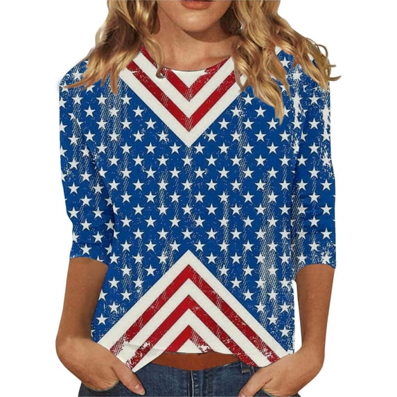 Wiueurtly Red, White And Blue Elbow Length Tee Shirts for Women 3/4 Sleeve Womens Tops 4th of July Casual Crewneck USA Flag Stripes Patriotic T USA Stars Stripes Crew Neck T Shirts Blue