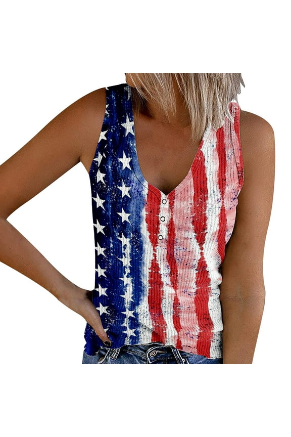 Red, White And Blue V Neck Tank Tops for Women American Flag Top 4th of July Shirts Patriotic Tees USA Stars Stripes Workout Tank Tops Woman Dark Blue