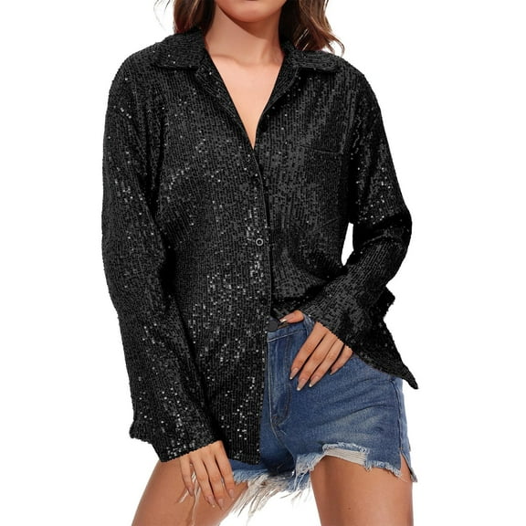 Wiueurtly Sequin Tops For Women's Carnival Spring And Autumn Summer Long Sleeve Fashionable Lapel Solid Color Casual Shirt V Neck T Shirts Black