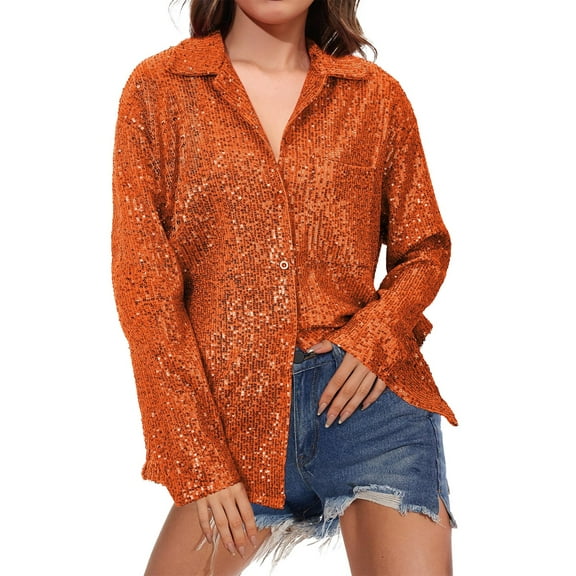 Wiueurtly Sequin Tops For Women's Carnival Spring And Autumn Summer Long Sleeve Fashionable Lapel Solid Color Casual Shirt V Neck T Shirts Orange