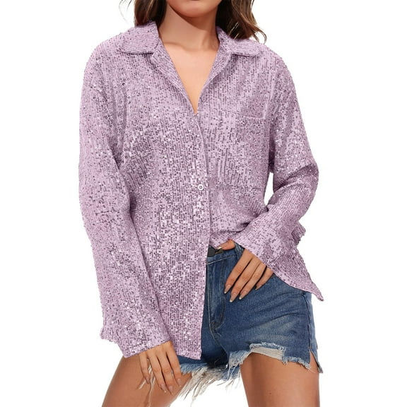 Wiueurtly Sequin Tops For Women's Carnival Spring And Autumn Summer Long Sleeve Fashionable Lapel Solid Color Casual Shirt V Neck T Shirts Purple
