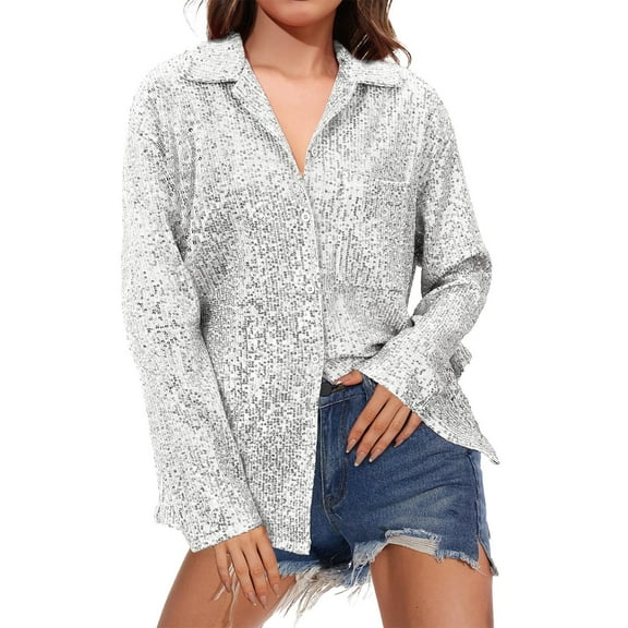 Wiueurtly Sequin Tops For Women's Carnival Spring And Autumn Summer Long Sleeve Fashionable Lapel Solid Color Casual Shirt V Neck T Shirts Silver