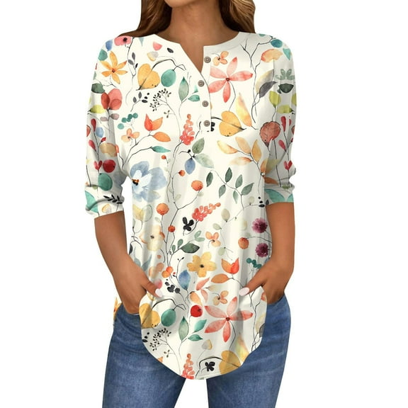 Wiueurtly V Neck T Shirts for Women 3/4 Length Sleeve Womens Tops 2025 Spring Casual Print Tunic Three Quarter 3/4 Sleeve Tops Beige