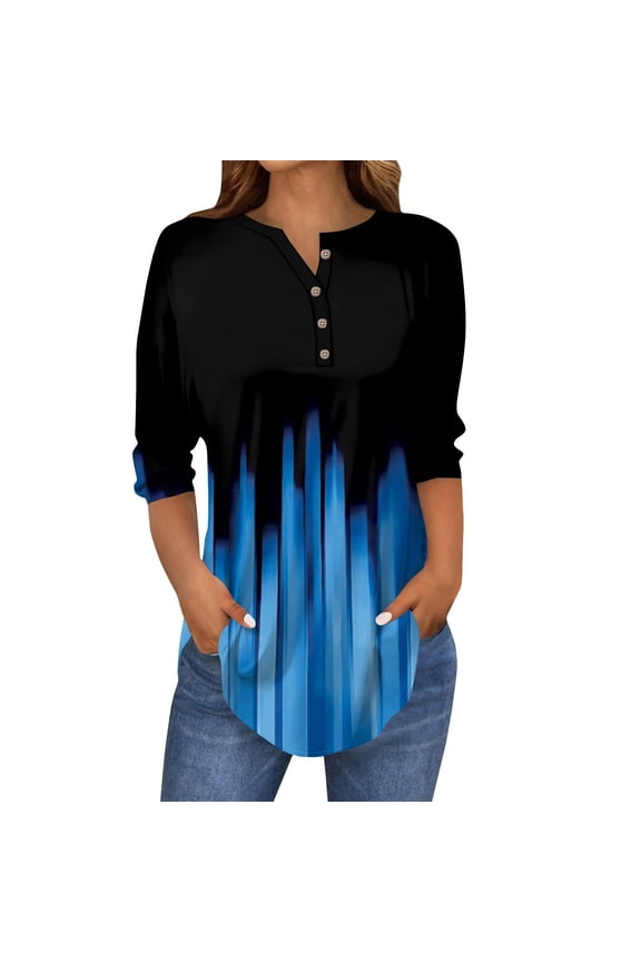 V Neck T Shirts for Women 3/4 Length Sleeve Womens Tops 2025 Spring Casual Print Tunic Three Quarter 3/4 Sleeve Tops Blue