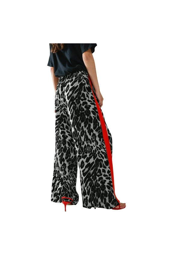 Wide Leg Pants Woman Women's Leopard Print And Red Drawstring Pant Palazzo Trousers Black