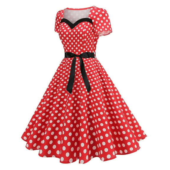 Wiyuqeen 1950s Dresses for Women Short Sleeve Square Neck Swing A-Line Midi Summer Dress Retro Polka Dot Tie Cocktail Dress Womens Gifts