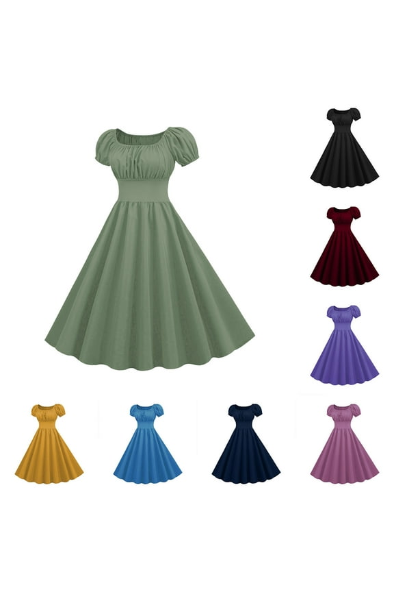 1950s Dresses for Women Square Neck Puff Short Sleeve Midi Dresses Solid Swing Flowy A-Line Dresses Retro Cocktail Dresses