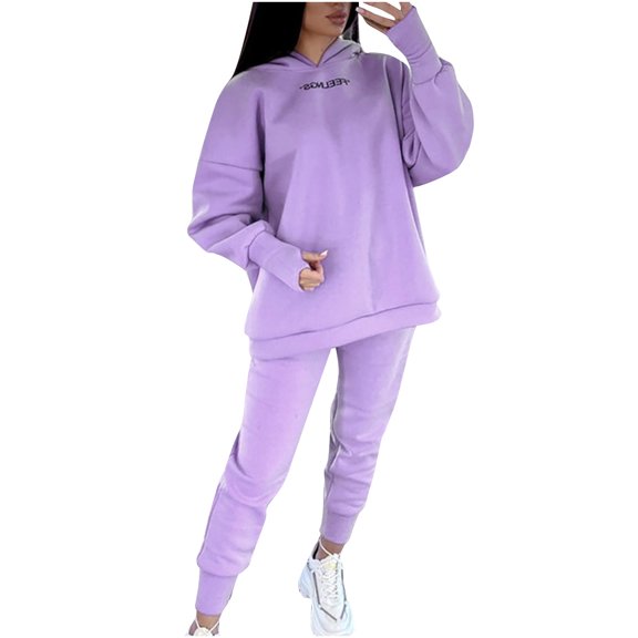 Wiyuqeen 2 PC Sweatsuits Womens Thumb Hole Shirts + Elastic Waist Pants Sets Oversized Hooded Sets Letter Print Matching Clothes Loose Fit Lounge Sets