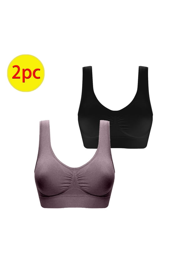 2 Pack Plain Bras for Women Plus Size Seamless T-shirt Bra Stretchy Wireless Yoga Sports Bras Soft Comfort No Underwire Push Up Bras for Everyday