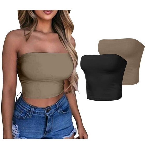Wiyuqeen 2 Pack Womens Strapless Tube Tops Basic Backless Sleeveless Bandeau Going Out Crop Tops Cute Summer Clothes