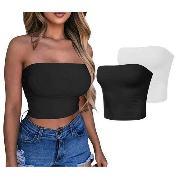 Wiyuqeen 2 Pack Womens Strapless Tube Tops Basic Backless Sleeveless Bandeau Going Out Crop Tops Cute 2025 Summer Clothes