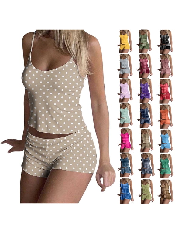 2 Piece Sets for Women Polka Dot Cotton Nightwear Spaghetti Strap Camisole and Shorts Soft Comzy Loungewear Sleepwear