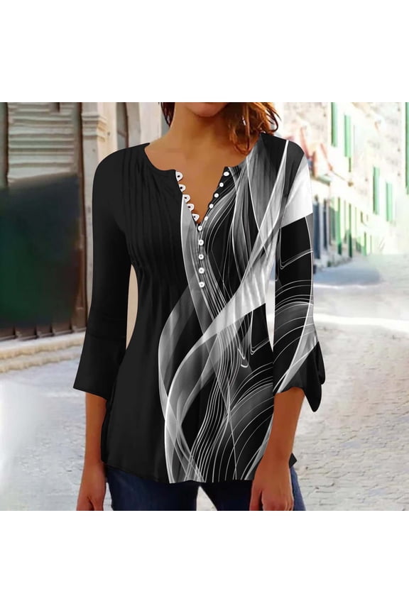 3/4 Bell Sleeve Tops for Women Button V Neck Pleated Tshirts Casual Hide Belly Shirts Funny Graphic Tunics Womens Tops