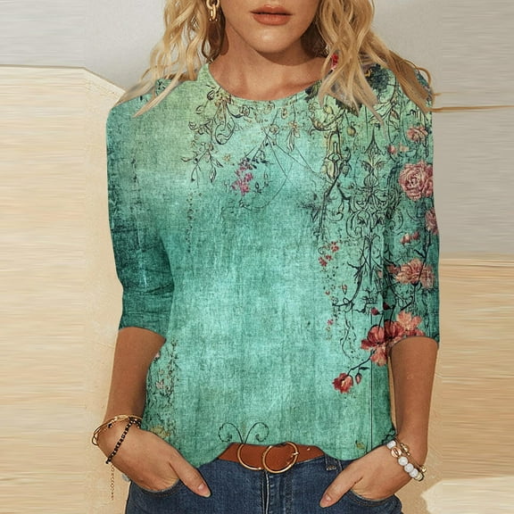 Wiyuqeen 3/4 Length Sleeve Women Tops Crew Neck Blouses Dressy Casual Summer T Shirts Loose Fit Business Work Clothes Floral Shirts