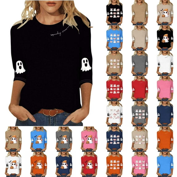 Wiyuqeen 3/4 Length Sleeve Womens Tops Crew Neck Halloween Graphic Tees Cute Ghosts Print T Shirts Plus Size Casual Loose Blouses