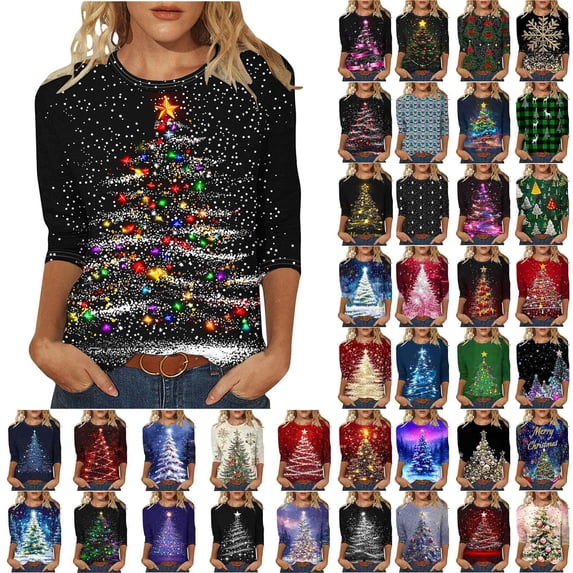 Wiyuqeen 3/4 Length Sleeve Womens Tops Crew Neck Xmas Tree Print T Shirts Sparkliy Party Shirts Plus Size Matching Sets Women Clothing