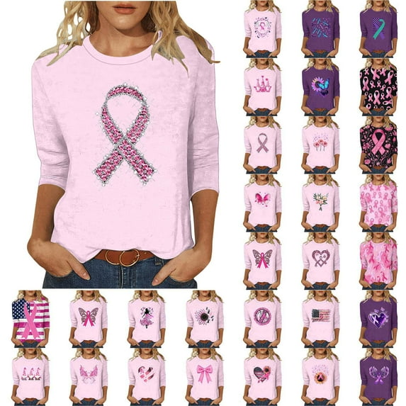 Wiyuqeen 3/4 Length Sleeve Womens Tops Pink Ribbon Crew Neck Shirts Breast Cancer Awareness Shirts Plus Size Inspirational T Shirts