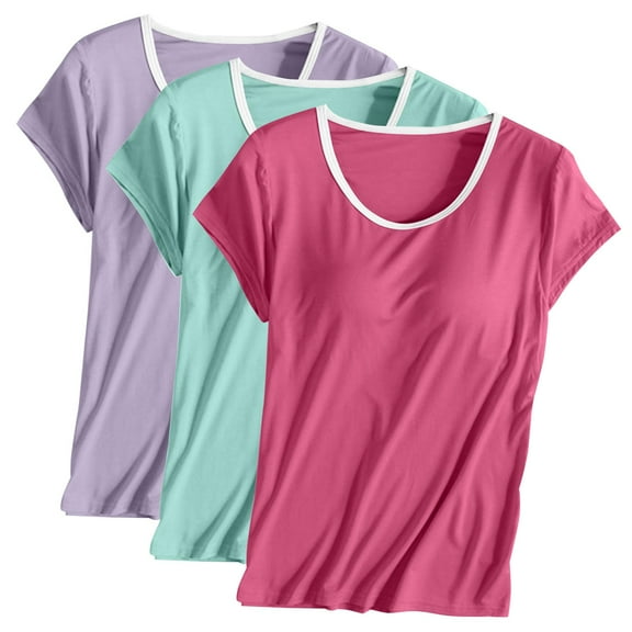 Wiyuqeen 3 Pack Sleep Tops for Women Built in Bra Tees Solid Short Sleeve Pajama Shirts Stretchy Loose Pajama Tshirts Solid Pajama Tops Basic Tops