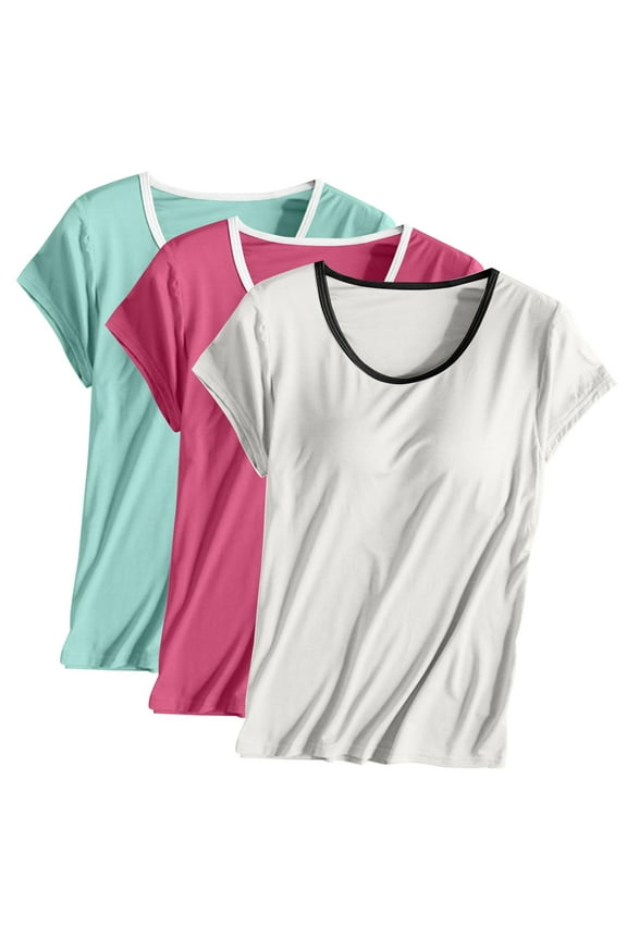 3 Pack Womens Plus Size T Shirts with Built in Bra Fall Summer Short Sleeve Tees Petite Padded Pajamas Casual Yoga Athletic Tops