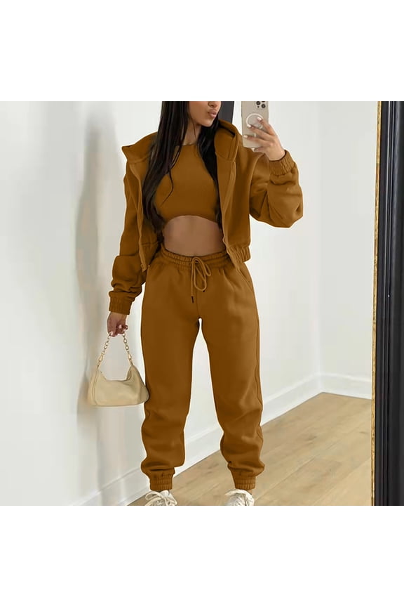 3 Piece Sweatsuits for Women Zip Up Hoodie Sweatshirt Crop Tank Top Jogger Sweatpants Sets Plain Loose Fit Outfits Tracksuits