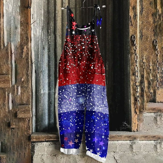 Wiyuqeen 4th of July Linen Overalls Womens Sleeveless Linen Jumpsuits Vintage Red White and Blue Romper Jumpers Plus Size Harem Overalls with Pocket