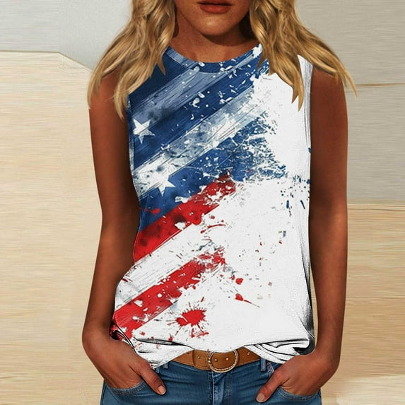 Wiyuqeen 4th of July Tank Tops for Women Sleeveless Crew Neck Loose Tanks USA Star Stripes Fourth July Tee Shirts Plus Size Sumemr Tanks