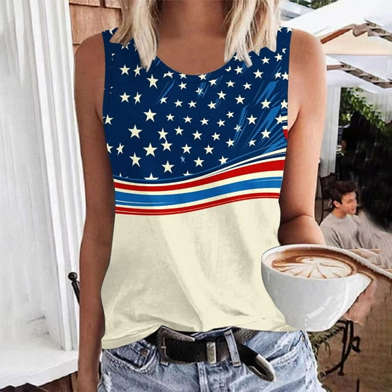 Wiyuqeen 4th of July Tank Tops for Women Sleeveless Stars and Stripes Tanks Crew Neck Independence Day Tee Shirts Plus Size Summer Tanks