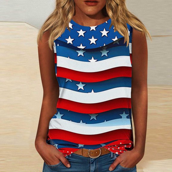 Wiyuqeen 4th of July Tank Tops for Women USA Flag Tee Shirt Sleeveless Crew Neck Loose Fit Tanks Plus Size American Flag Shirts Womens Gifts