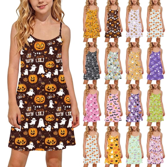 Wiyuqeen 5-14 Cute Halloween Print Satin Nightgown Sleeveless Crew Neck Knee Slip Dress Silky Ice Thin Comfort Sleep Dress Gift