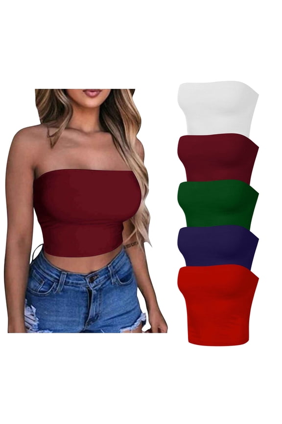 5 Pack Women's Basic Tube Tops Built in Bra Strapless Crop Tops Solid Bandeau Sporty Tank Tops Summer Outfits