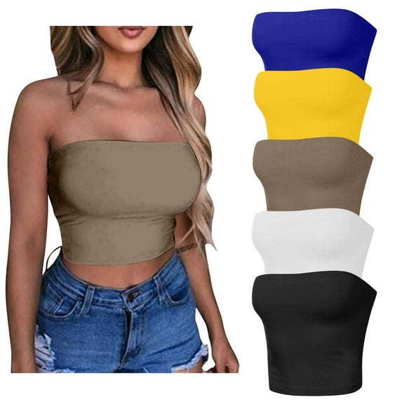 Wiyuqeen 5 Pack Women's Basic Tube Tops Built in Bra Strapless Crop Tops Solid Bandeau Sporty Tank Tops Summer Outfits