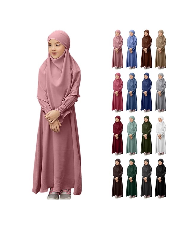 Abaya for Girls Muslim Long Sleeve Prayer Dress Ramadan Kaftan Abaya with Hijab Islamic Clothing Arabic Eid Robe 3-12Y