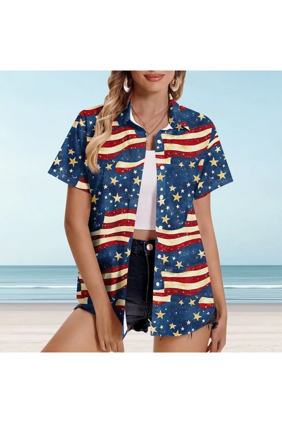 American Flag Button Down Shirt Women Short Sleeve Hawaiian Shirts USA Stars and Striped Print Tshirts Plus Size Summer Tops