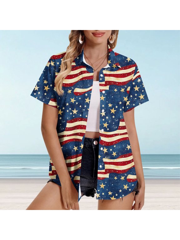 American Flag Button Down Shirt Women Short Sleeve Hawaiian Shirts USA Stars and Striped Print Tshirts Plus Size Summer Tops