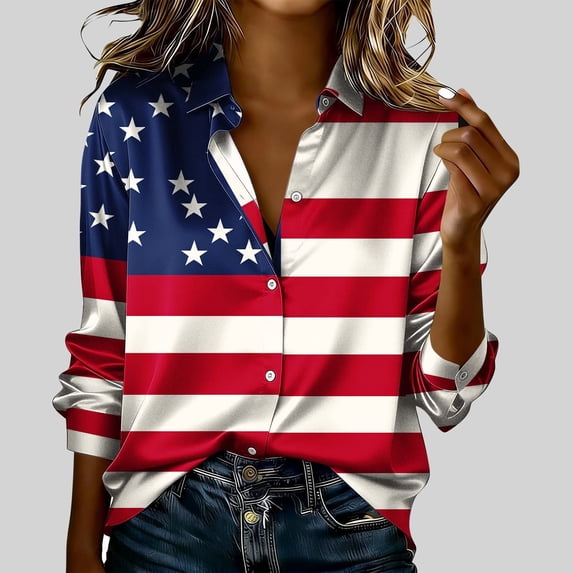 Wiyuqeen American Flag T Shirt Womens Tops Long Sleeve Satin Silk Button Down Shirts Casual Business Dressy Blouses 4th of July Outfits Multicolor XXL