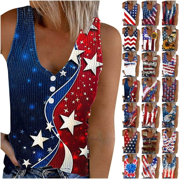 Wiyuqeen Womens Button Up Henley Shirts Sleeveless Ribbed Knit Tank Tops USA Star Stripes Fourth July Tee Shirts Memorial Day Gifts