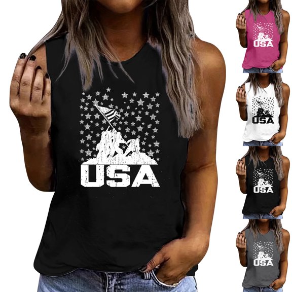 Wiyuqeen American Flag Women's T-Shirts Sleeveless 4th of July Tank Tops Crew Neck Independence Day Tee Shirts Memorial Day Gifts