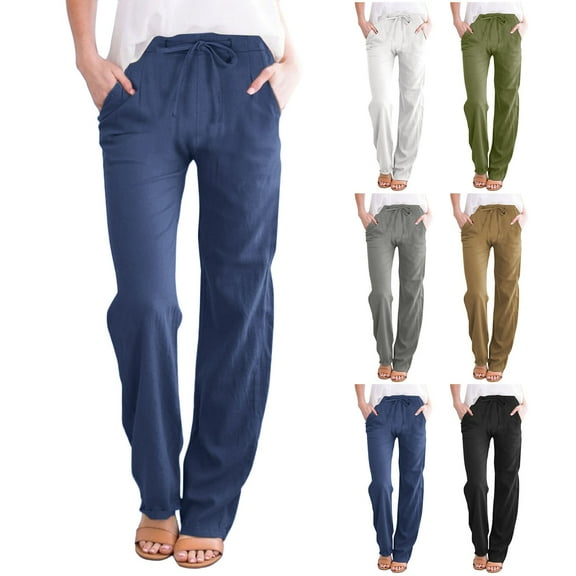 Wiyuqeen Baggy Straight Wide Leg Pants for Women with Pockets Ladies Cotton Linen Slacks Casual Solid Color Drawstring Elastic Waist Daily Trousers