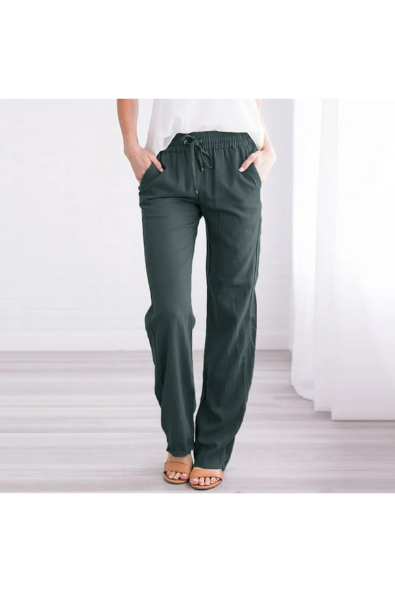 Baggy Straight Wide Leg Pants for Women with Pockets Ladies Cotton Linen Slacks Casual Solid Color Drawstring Elastic Waist Daily Trousers