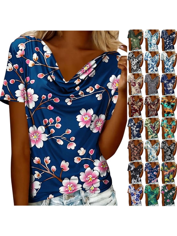 Blouses for Women Dressy Casual Summer Cowl Neck Short Sleeve Tops Boho Floral Print Tees Spring Work Office Teacher Shirts