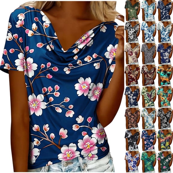 Wiyuqeen Boho Tops for Women Cowl Neck Casual Dressy Shirts Short Sleeve Summer Graphic Tees Lightweight Going Out Blouses
